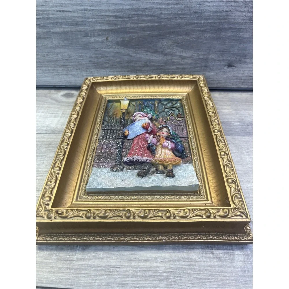 Santa Little Girl In The Snow Christmas Tree Gold Framed Vintage 3D Picture